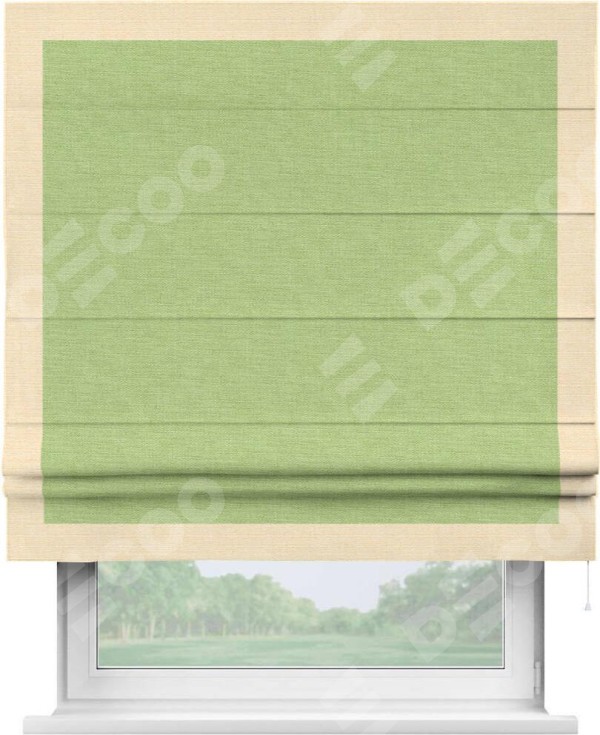 Римская штора «Кортин» с кантом Чесс, для проема, ткань лён зеленый