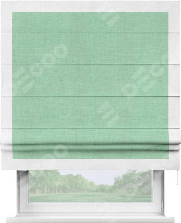 Римская штора «Кортин» с кантом Чесс, для проема, ткань лён светло-бирюзовый