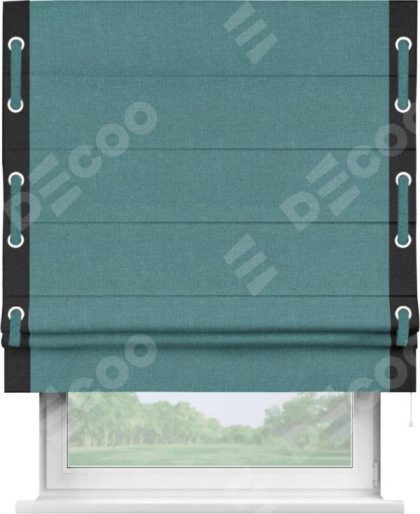 Римская штора «Кортин» с кантом Стрим Дуо (люверсы с пояском), для проема, ткань лён бирюзовый