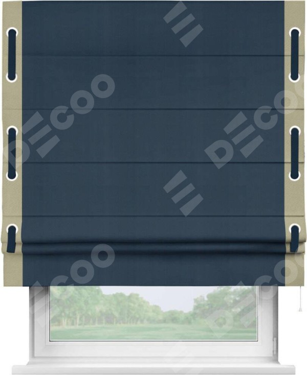 Римская штора «Кортин» с кантом Стрим Дуо (люверсы с пояском), для проема, ткань блэкаут однотонный синий