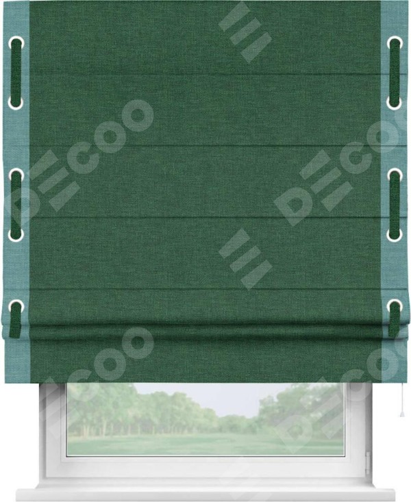 Римская штора «Кортин» с кантом Стрим Дуо (люверсы с пояском), для проема, ткань лён серо-зеленый