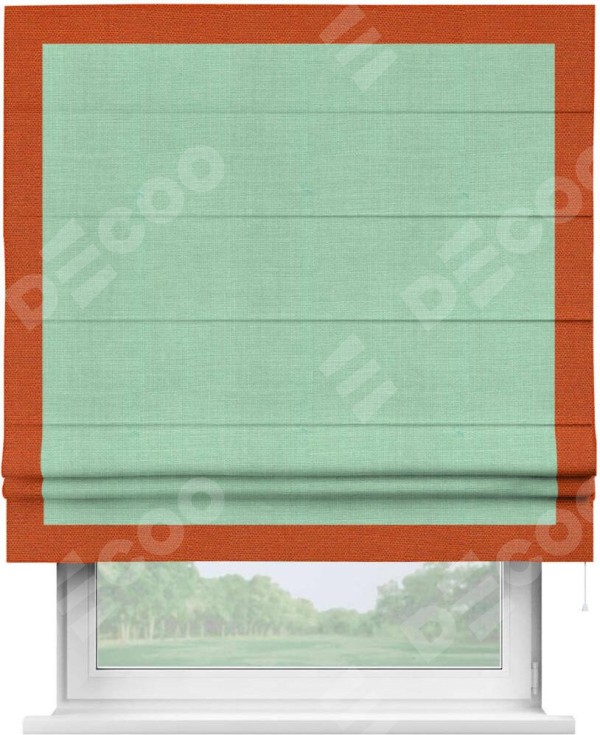 Римская штора «Кортин» с кантом Чесс, для проема, ткань лён светло-бирюзовый