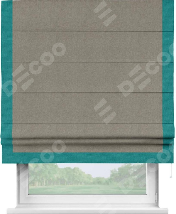 Римская штора «Кортин» с кантом Виктория, для проема, ткань лён димаут, серо-зелёный