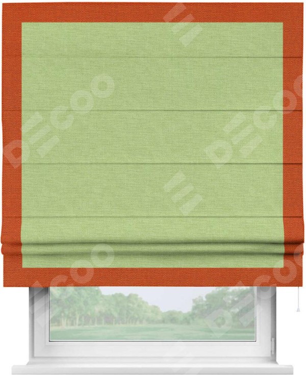 Римская штора «Кортин» с кантом Чесс, для проема, ткань лён зеленый