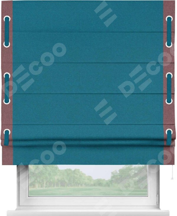 Римская штора «Кортин» с кантом Стрим Дуо (люверсы с пояском), для проема, ткань лён димаут, светло-синий