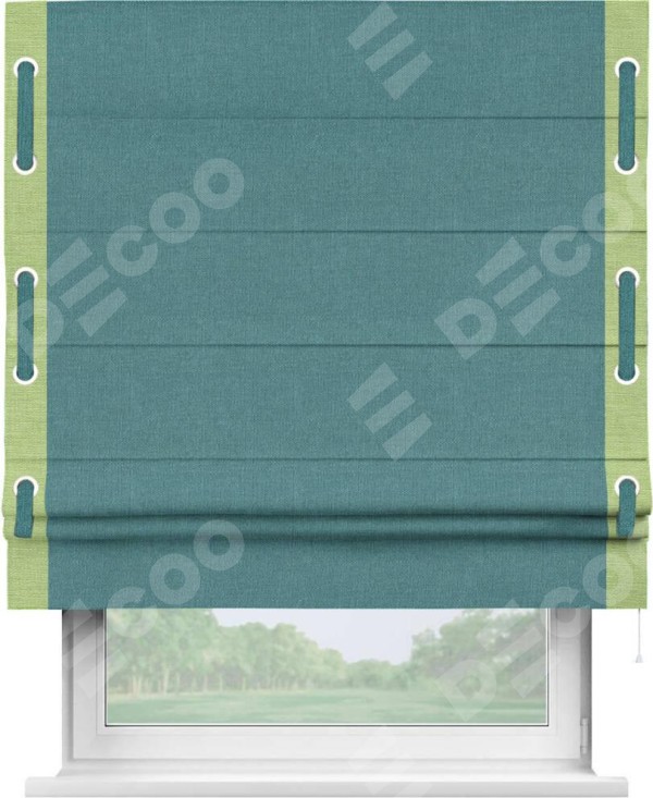 Римская штора «Кортин» с кантом Стрим Дуо (люверсы с пояском), для проема, ткань лён бирюзовый