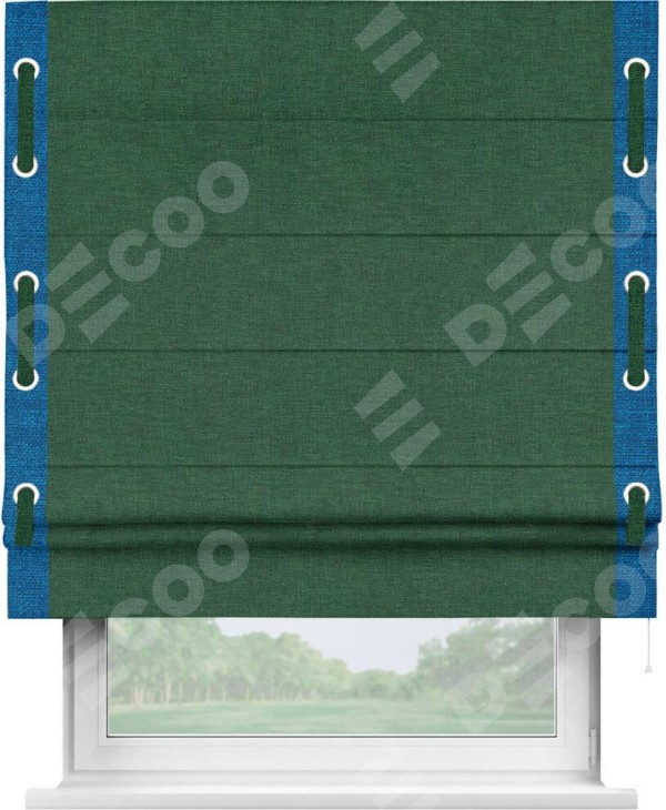 Римская штора «Кортин» с кантом Стрим Дуо (люверсы с пояском), для проема, ткань лён серо-зеленый