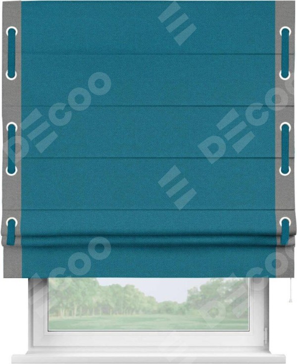 Римская штора «Кортин» с кантом Стрим Дуо (люверсы с пояском), для проема, ткань лён димаут, светло-синий