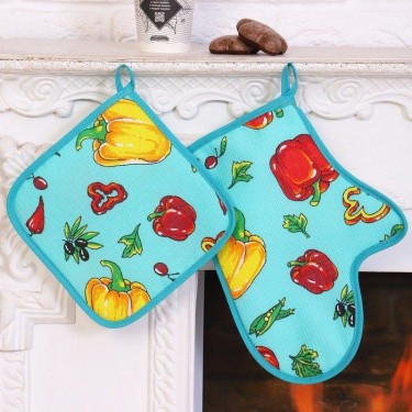 Набор кухонный Перцы 022 (варежка+прихватка), бирюзовый, хл, вафля