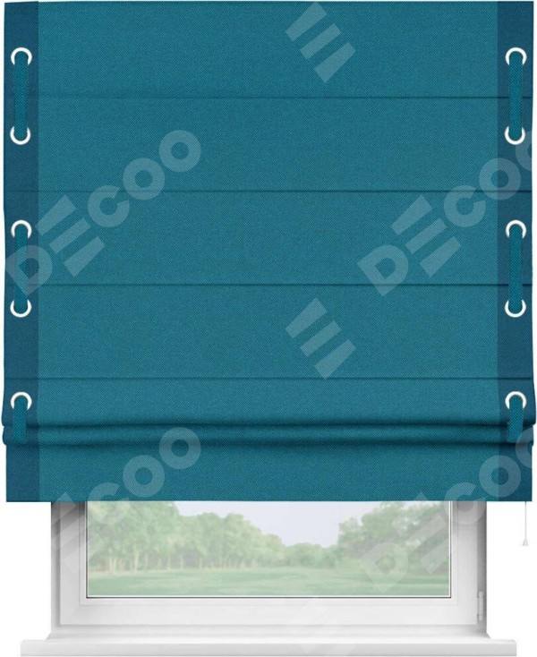 Римская штора «Кортин» с кантом Стрим Дуо (люверсы с пояском), для проема, ткань лён димаут, светло-синий