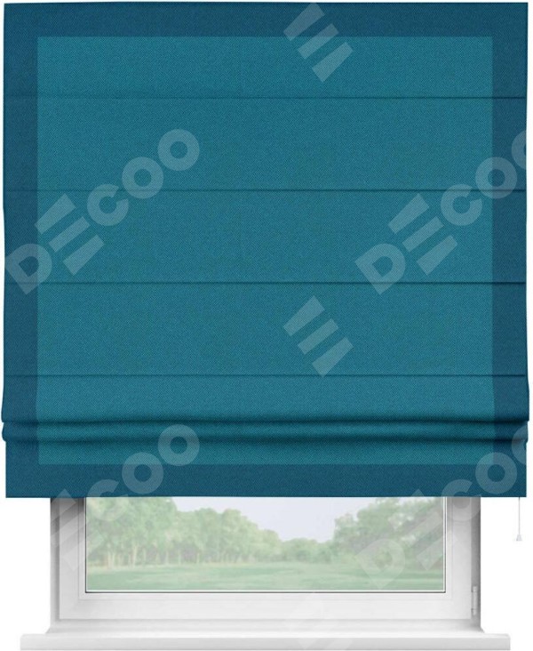 Римская штора «Кортин» с кантом Чесс, для проема, ткань лён димаут, светло-синий