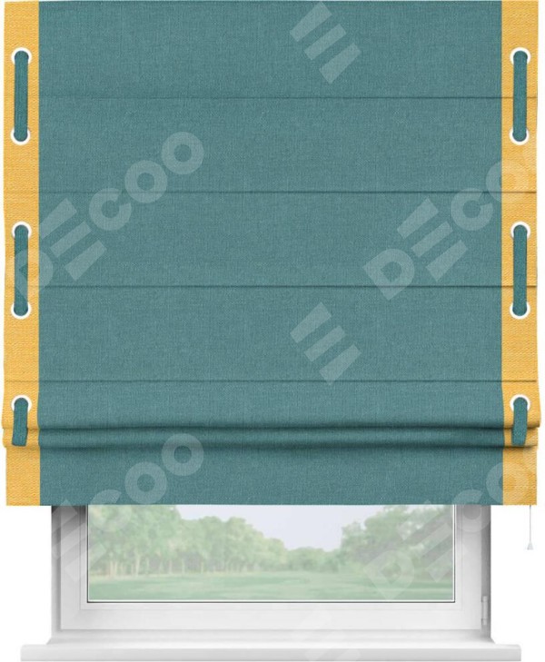 Римская штора «Кортин» с кантом Стрим Дуо (люверсы с пояском), для проема, ткань лён бирюзовый
