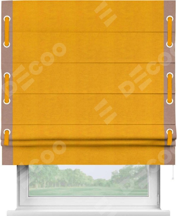 Римская штора «Кортин» с кантом Стрим Дуо (люверсы с пояском), для проема, ткань вельвет желтый