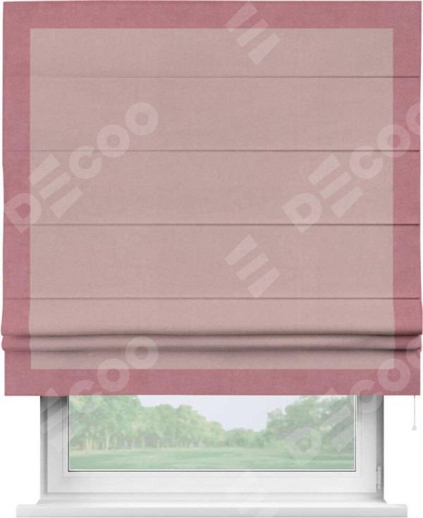 Римская штора «Кортин» с кантом Чесс, для проема, ткань вельвет розовая пудра