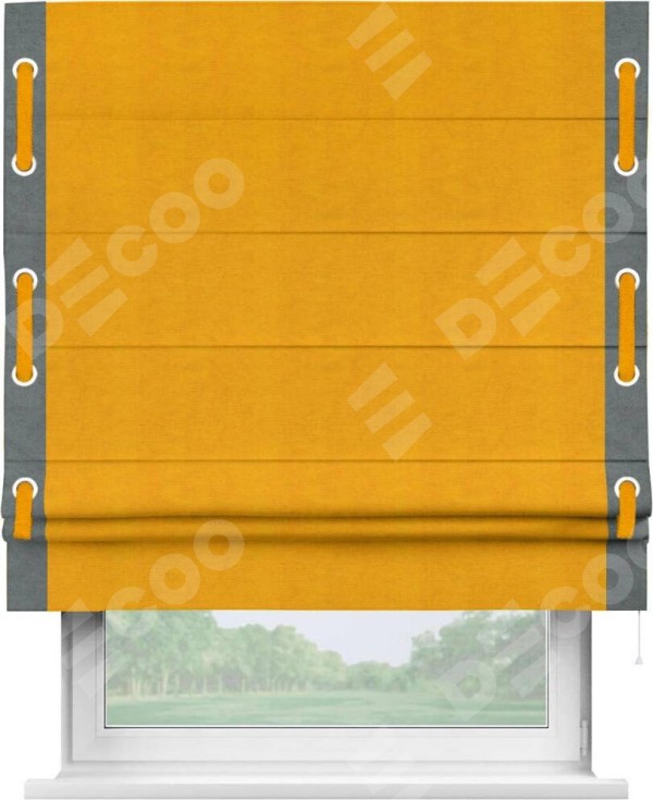 Римская штора «Кортин» с кантом Стрим Дуо (люверсы с пояском), для проема, ткань вельвет желтый