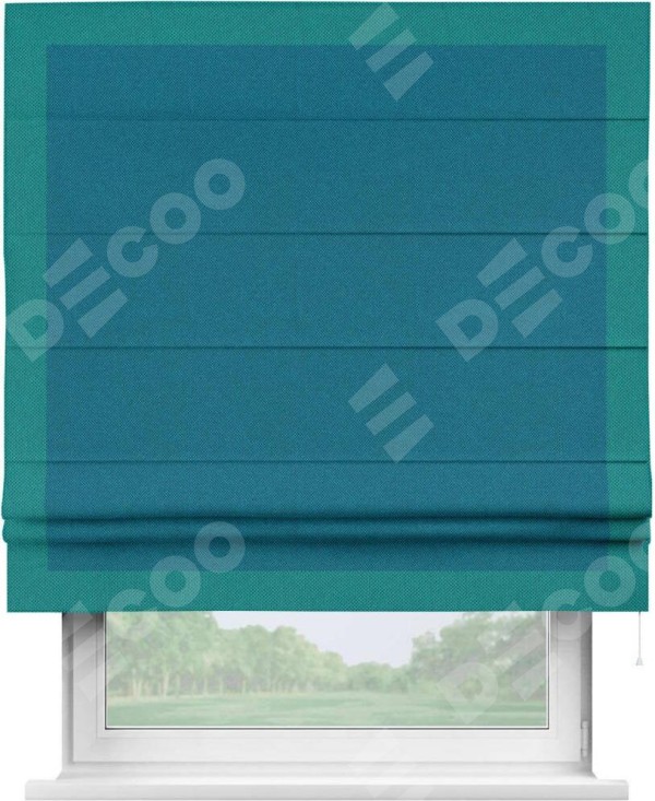 Римская штора «Кортин» с кантом Чесс, для проема, ткань лён димаут, светло-синий