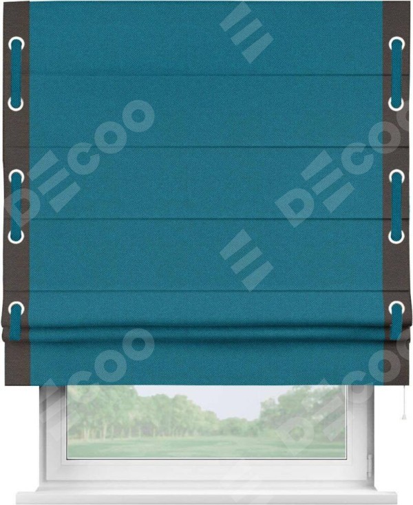 Римская штора «Кортин» с кантом Стрим Дуо (люверсы с пояском), для проема, ткань лён димаут, светло-синий